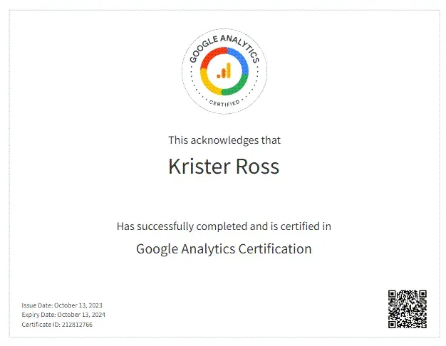 Sertifikat: Google Analytics Individual Qualified, utstedt til Krister Ross av Google