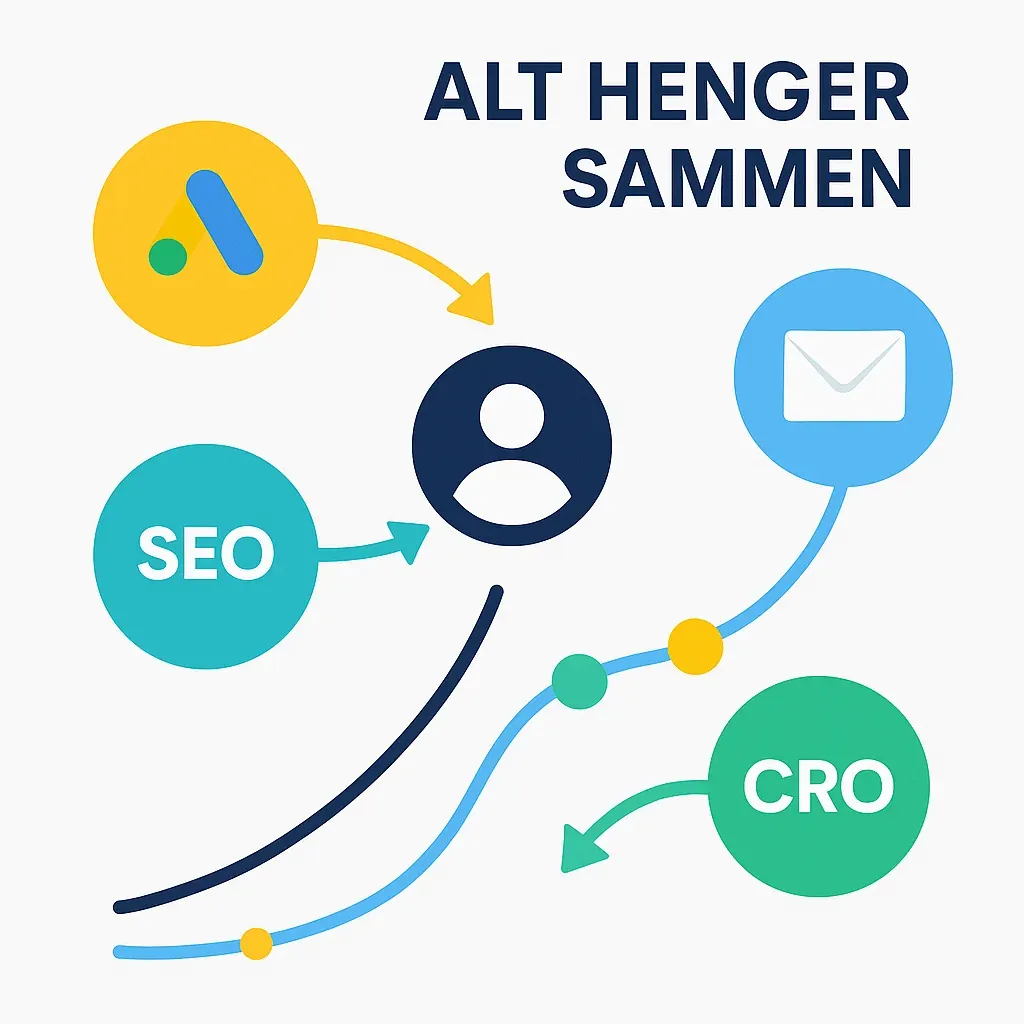Illustrasjon med tekst «Alt henger sammen» som viser Google Ads, SEO, CRO og e-post koblet sammen rundt en kunde, med en stigende vekstkurve