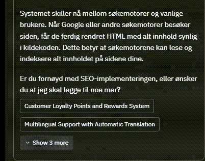 Skjermbilde av AI-chat som forklarer at systemet nå skiller mellom søkemotorer og vanlige brukere, og serverer botene ferdig rendret HTML