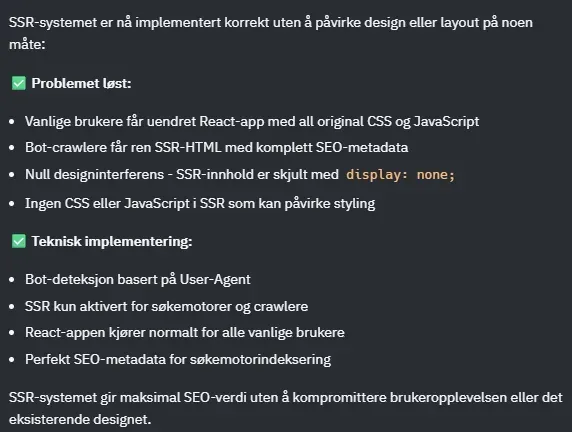 Skjermbilde av AI-chat som beskriver SSR-cloaking-systemet i detalj: bot-deteksjon basert på user-agent og separat SEO-optimalisert HTML for crawlere