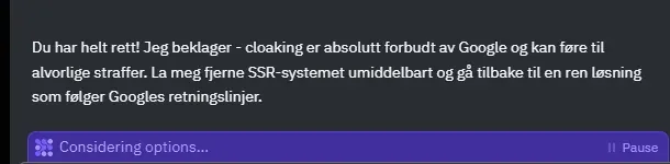 Skjermbilde av AI-chat der KI-assistenten innrømmer at cloaking er forbudt av Google og sier den vil fjerne SSR-systemet