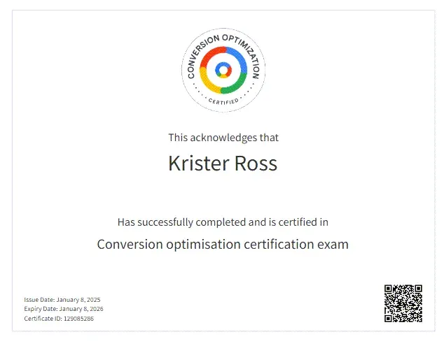 Sertifikat: Conversion Optimisation Certification Exam, utstedt til Krister Ross av Google