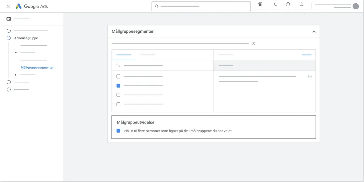 Skjermbilde av brukergrensesnitt hvor det vises en målgruppeutvidelse for nye Google Ads-kampanjer 