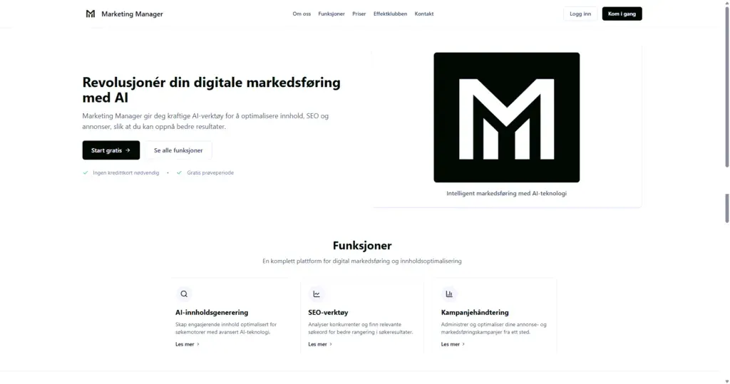 Forsiden til Marketing Manager, med funksjoner for AI-innholdsgenerering, SEO-verktøy og kampanjehåndtering