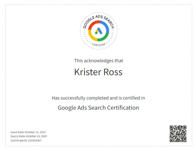 Sertifikat: Google Ads-sertifisering, utstedt til Krister Ross av Google