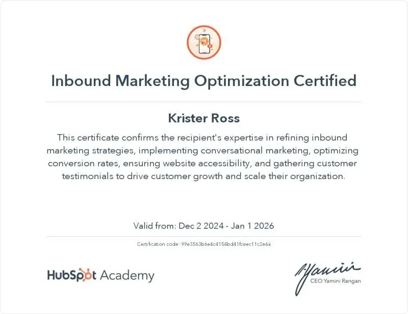 Sertifikat: Inbound Marketing Optimization Certified, utstedt til Krister Ross av HubSpot Academy
