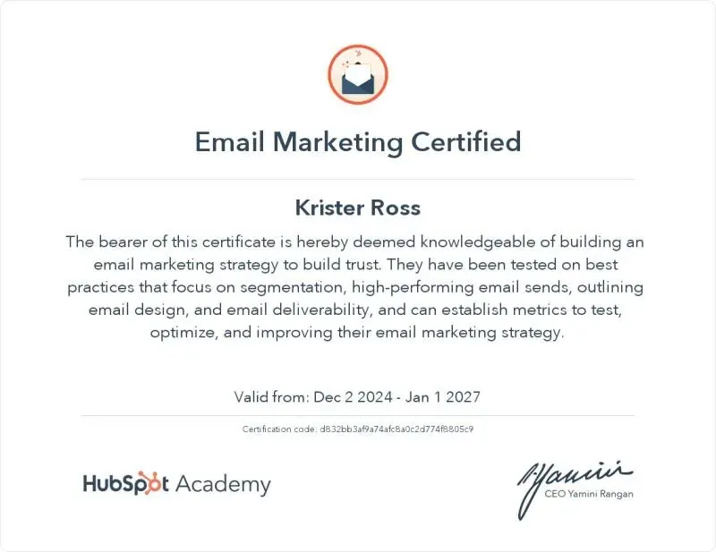 Sertifikat: Email Marketing Certified, utstedt til Krister Ross av HubSpot Academy
