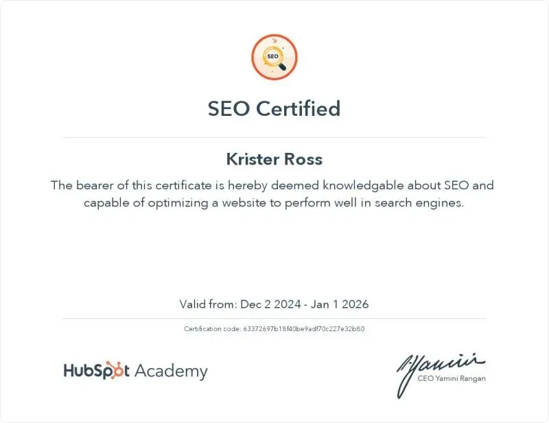 Sertifikat: SEO Certified, utstedt til Krister Ross av HubSpot Academy