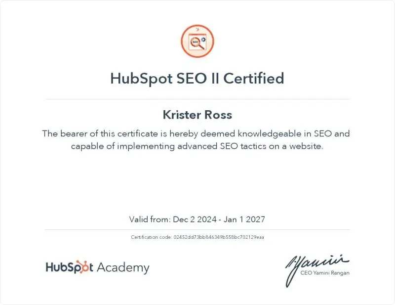 Sertifikat: SEO II Certified, utstedt til Krister Ross av HubSpot Academy